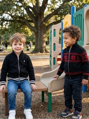 🔴 Polo Ralph Lauren Reversible Zip Sweater 4T Black Fair Isle & Varsity Stripe